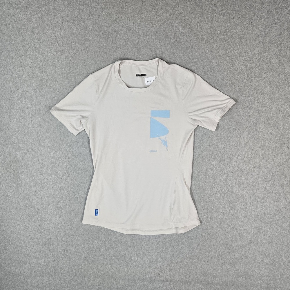 Janji Women Shirt S Beige Circa Daily Tee Abstract Activewear Logo Short Sleeve